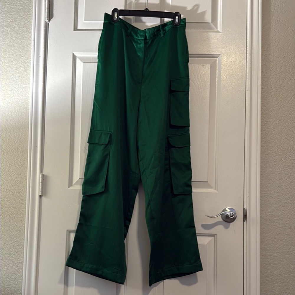 Green Satin Cargo Pants